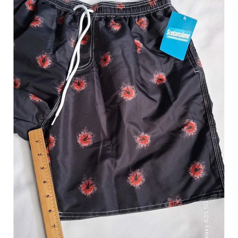 Scotamalone Men's Floral Swim Trunks Black/Red Drawstring Pockets Size L